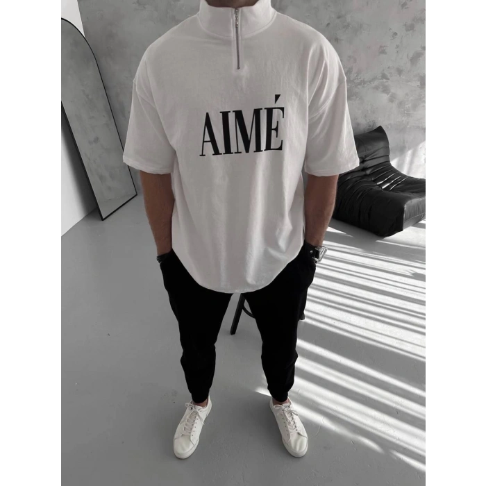Unisex Yarım Fermuarlı Baskılı T-Shirt - Beyaz