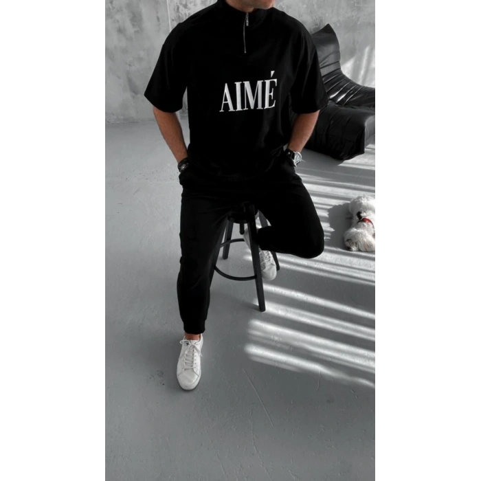 Unisex Yarım Fermuarlı Baskılı T-Shirt - Siyah