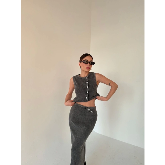 Uzun Etekli Önü Düğmeli Badi İkili Takım- Antrasit