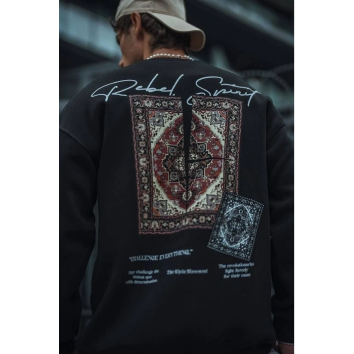 Uzun Kol Bisiklet Yaka Baskılı SweatShirt - Siyah