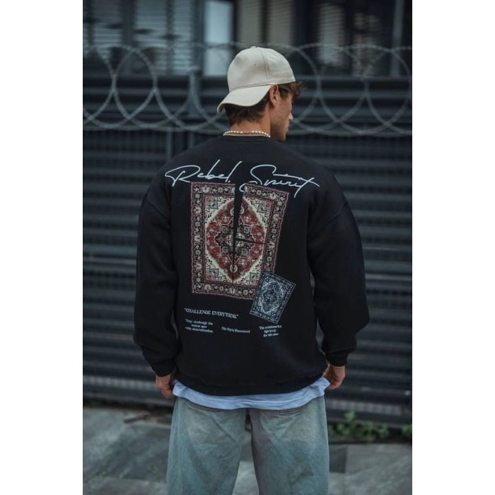 Uzun Kol Bisiklet Yaka Baskılı SweatShirt - Siyah