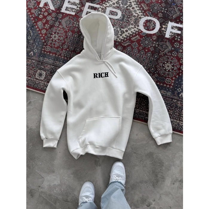 Uzun Kol Kapüşonlu Göğüs Baskılı SweatShirt - Beyaz