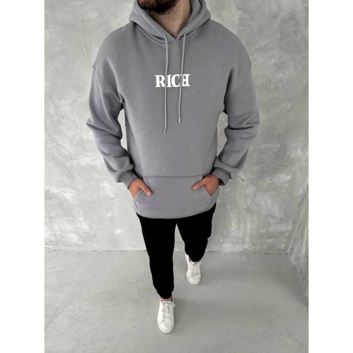 Erkek 3 İplik Pamuklu Kapüşonlu Kanguru Cepli Baskılı Oversize Hoodie Sweatshirt - Gri