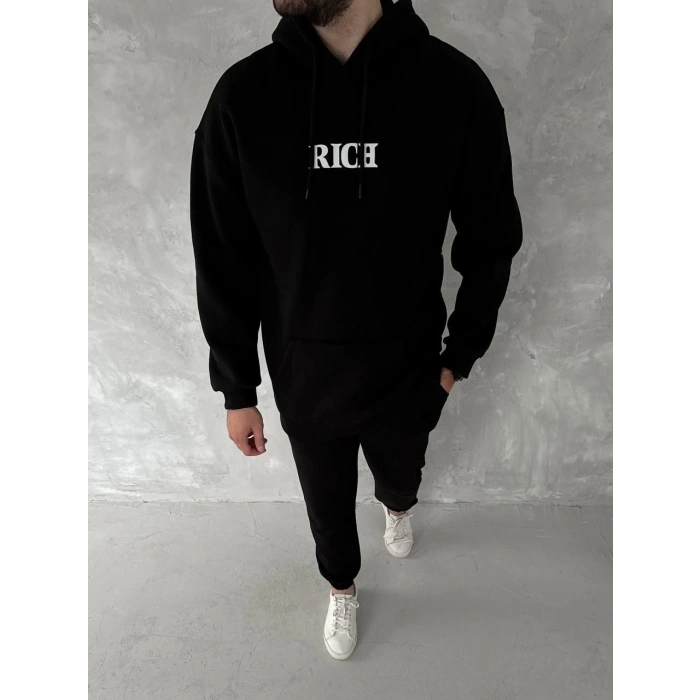 Uzun Kol Kapüşonlu Göğüs Baskılı SweatShirt - Siyah