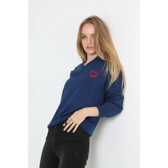 Kadın Uzun Kol V Yaka Baskılı Dokuma Triko - İndigo