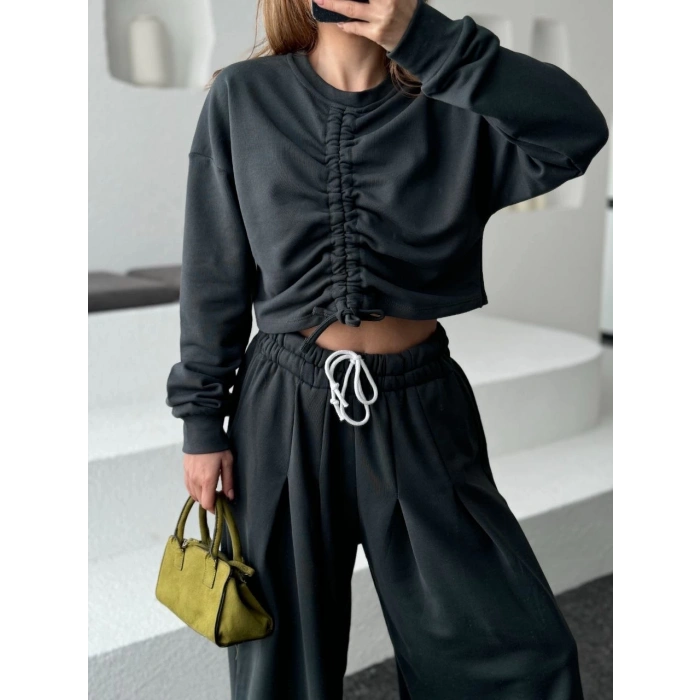 Uzun Kollu Önü İp Büzgülü Crop ve Pantolon İkili Takım - Antrasit
