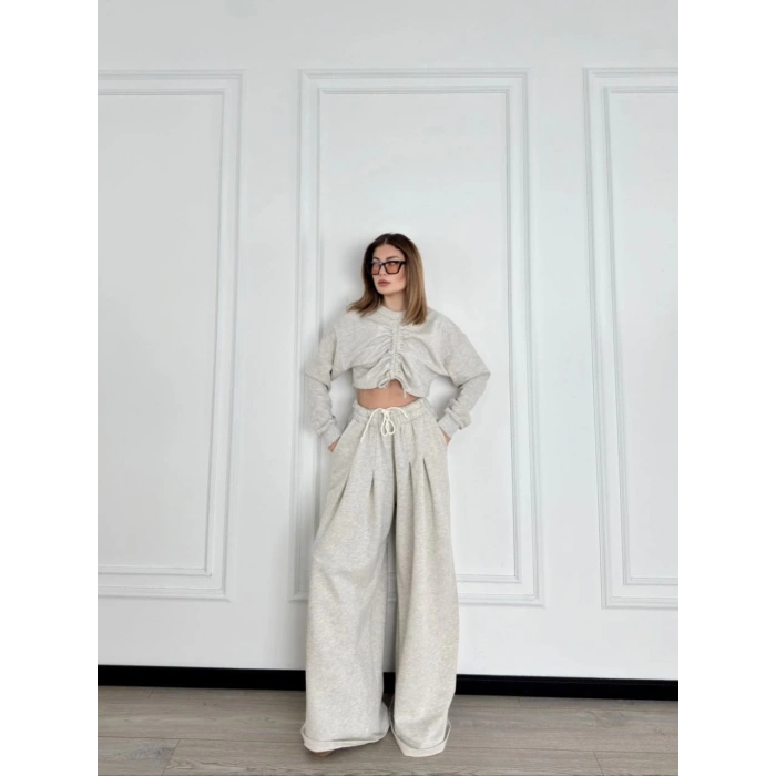 Uzun Kollu Önü İp Büzgülü Crop ve Pantolon İkili Takım - Gri