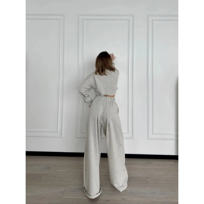 Uzun Kollu Önü İp Büzgülü Crop ve Pantolon İkili Takım - Gri