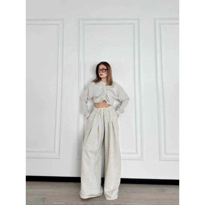 Uzun Kollu Önü İp Büzgülü Crop ve Pantolon İkili Takım - Gri