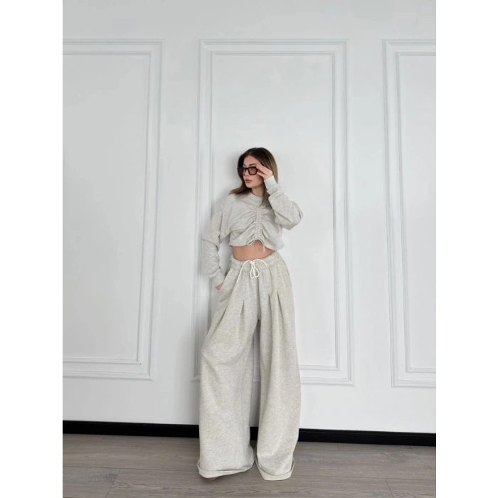 Uzun Kollu Önü İp Büzgülü Crop ve Pantolon İkili Takım - Gri