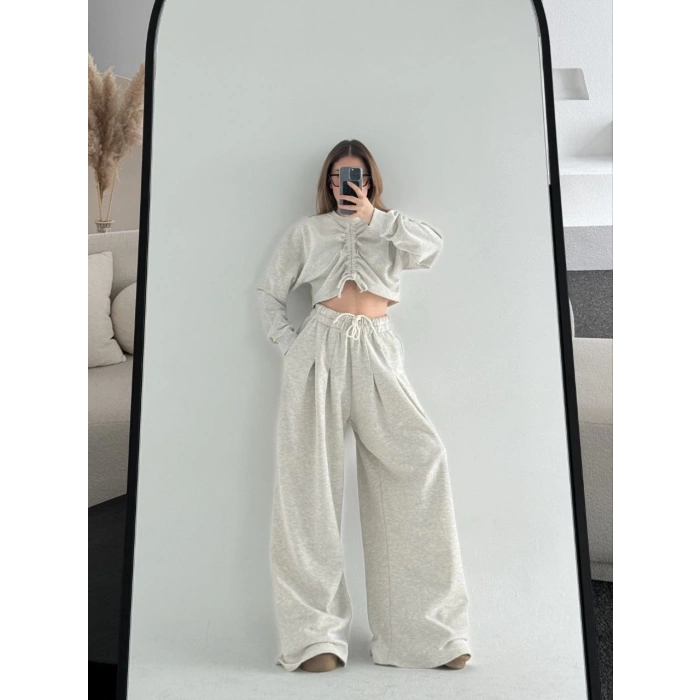 Uzun Kollu Önü İp Büzgülü Crop ve Pantolon İkili Takım - Gri