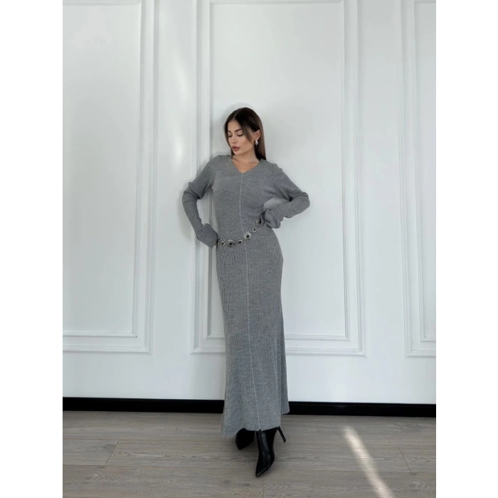 V Yaka Fitilli Uzun Elbise- Gri
