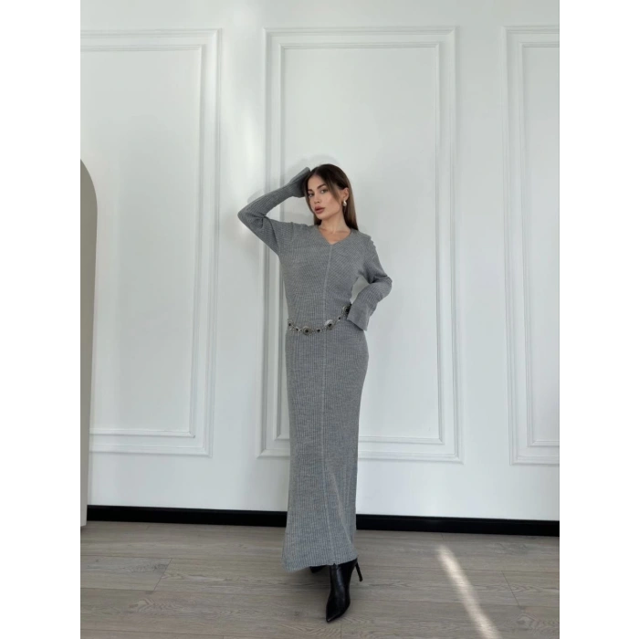 V Yaka Fitilli Uzun Elbise- Gri