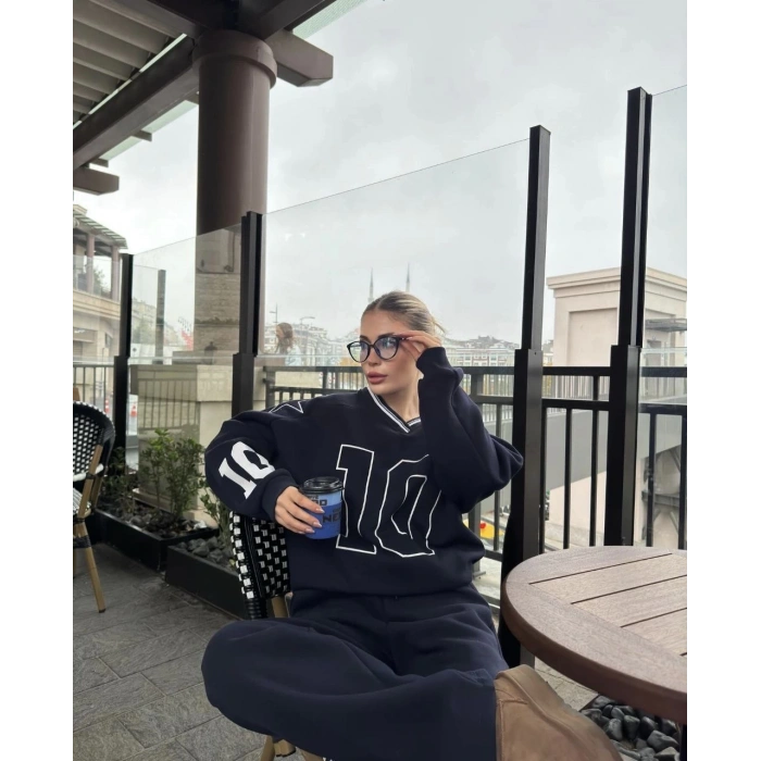 V Yaka Üç İplik Sweat Takım - Siyah