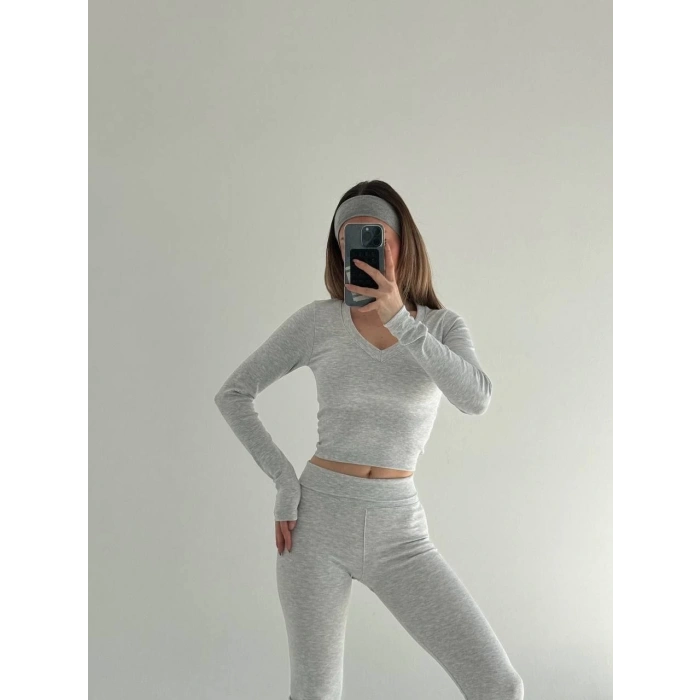 V yaka uzun kollu bluz İspanyol paçalı tayt İkili Takım - Gri