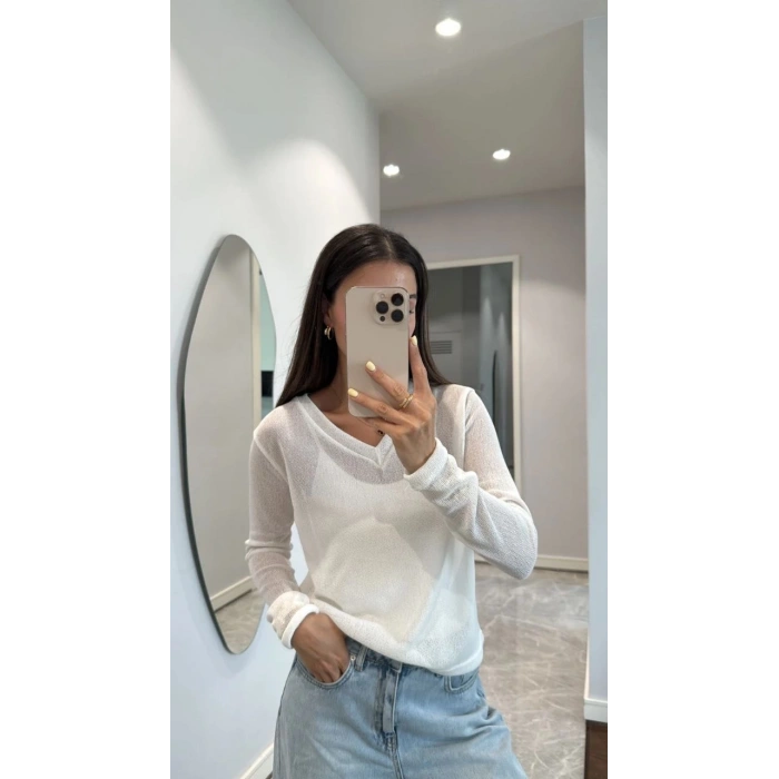 Kadın V Yaka uzun Kollu Triko ince Bluz - Beyaz