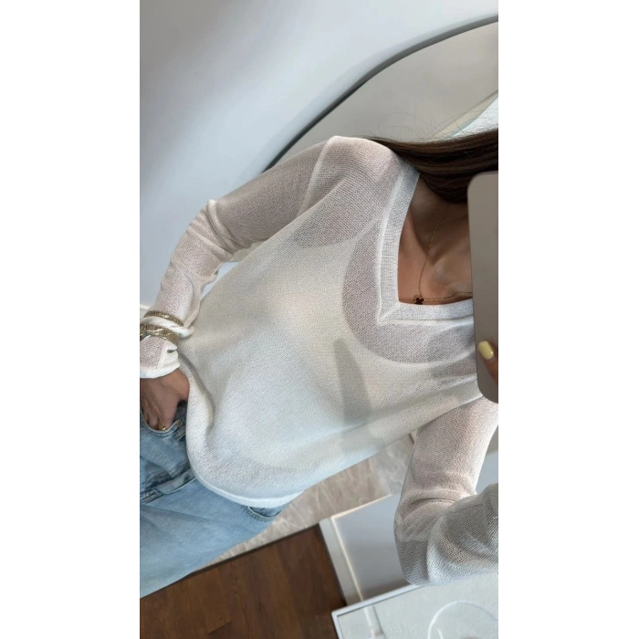 Kadın V Yaka uzun Kollu Triko ince Bluz - Beyaz