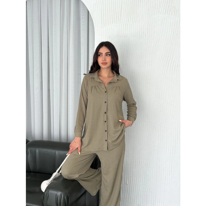 Yakalı Düğmeli Uzun Kollu Gömlek Pantolon ikili Takım - Bej