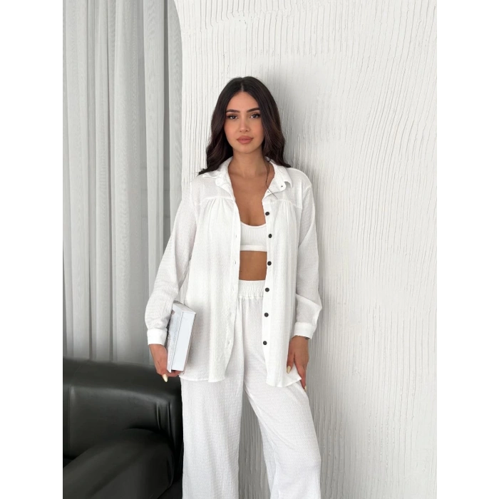 Yakalı Düğmeli Uzun Kollu Gömlek Pantolon ikili Takım - Beyaz
