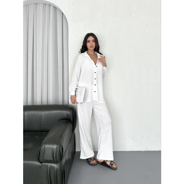 Yakalı Düğmeli Uzun Kollu Gömlek Pantolon ikili Takım - Beyaz