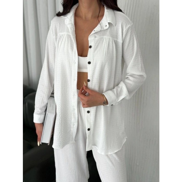 Yakalı Düğmeli Uzun Kollu Gömlek Pantolon ikili Takım - Beyaz