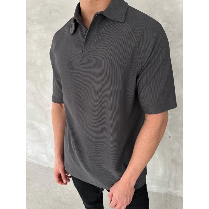 Yakalı Patlı Kısa Kol T-shirt - Antrasit