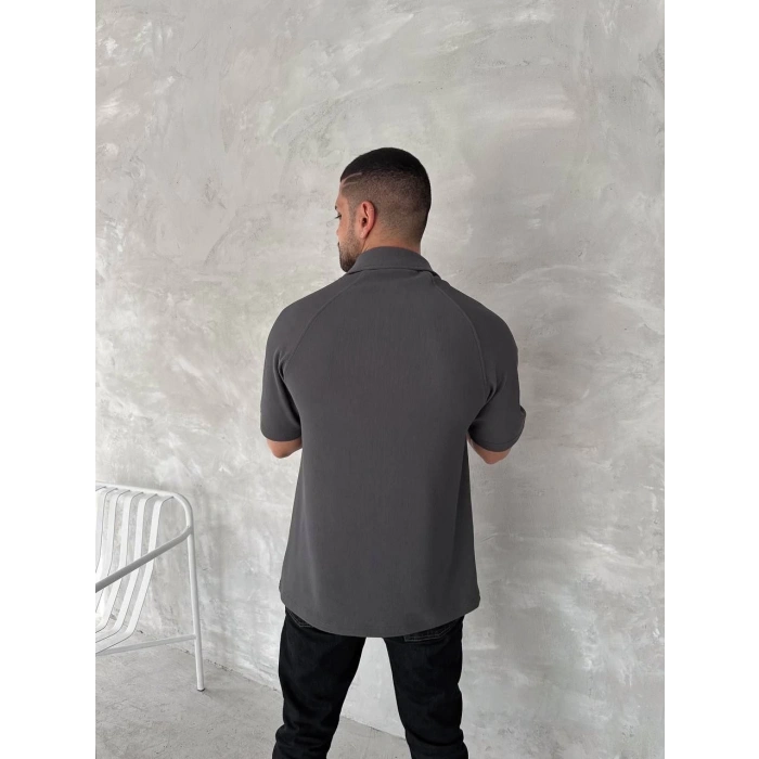 Yakalı Patlı Kısa Kol T-shirt - Antrasit