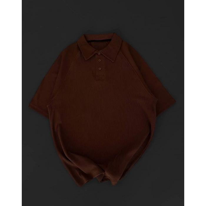 Yakalı Patlı Kısa Kol T-shirt - Kahverengi