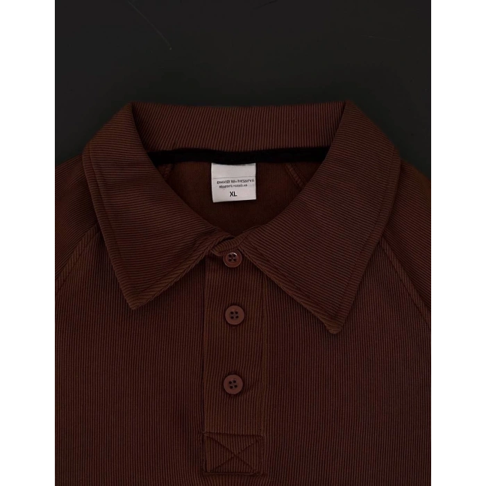 Yakalı Patlı Kısa Kol T-shirt - Kahverengi