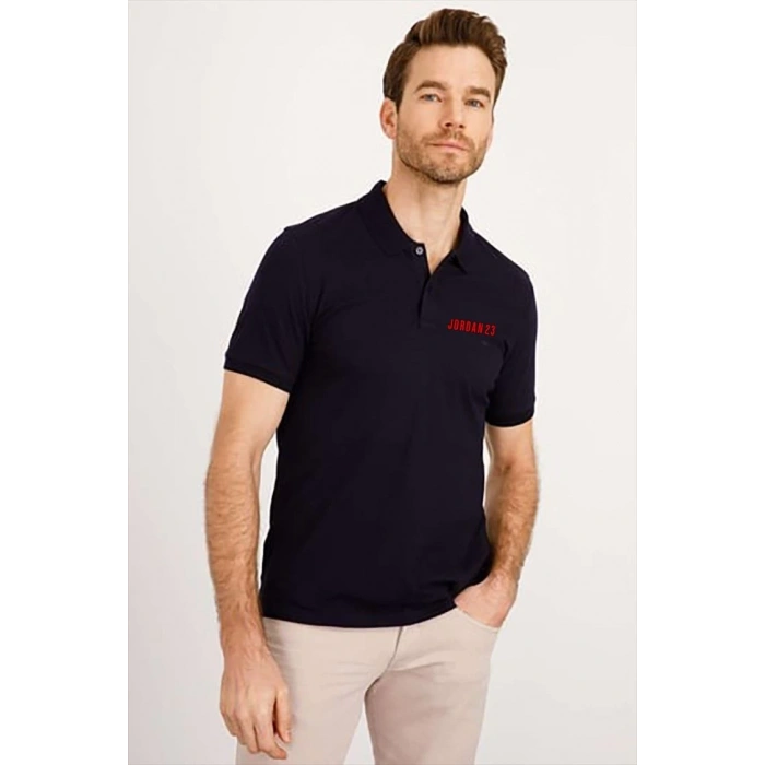 Yakası Düğmeli Yakalı Pike Baskılı T-Shirt - Beyaz