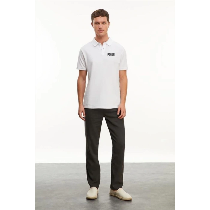 Erkek Yakası Düğmeli Yakalı Pike Baskılı T-Shirt - Beyaz