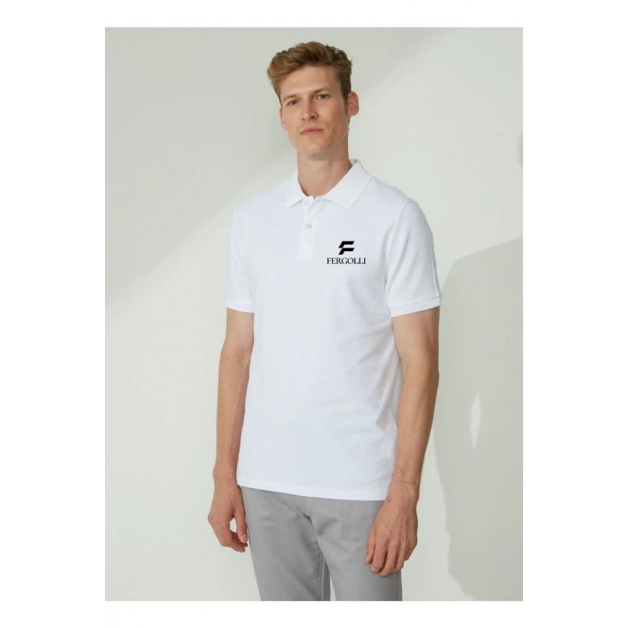 Erkek Pike Yakalı Tişort Düğmeli  Baskılı T-Shirt  - Beyaz