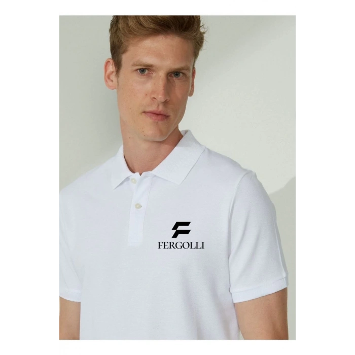 Erkek Pike Yakalı Tişort Düğmeli  Baskılı T-Shirt  - Beyaz