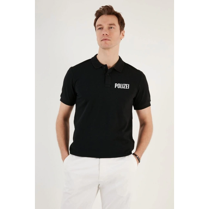 Yakası Düğmeli Yakalı Pike Baskılı T-Shirt - Siyah