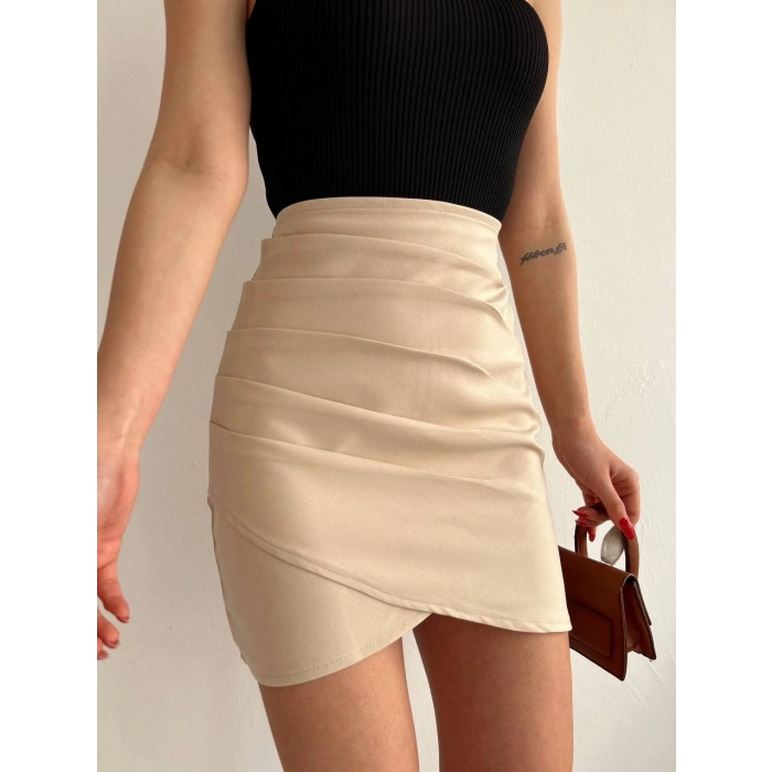 Yandan drapeli asimetrik etek bej s24771