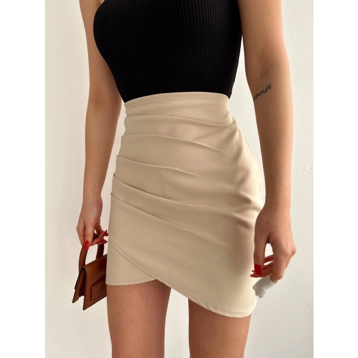 Yandan drapeli asimetrik etek bej s24771