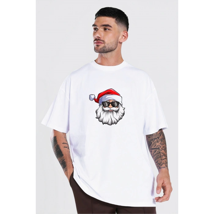 Yılbaşı Gözlüklü Noel Baba Baskılı Kısa Kollu Oversize Bisiklet Yaka T-shirt - Beyaz