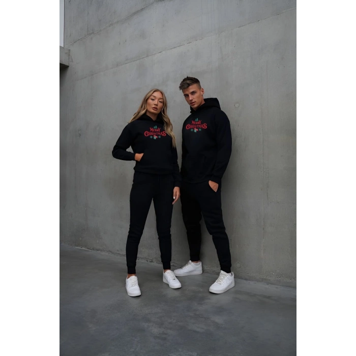 Yılbaşı Merry Christmas Baskılı Oversize Kapüşonlu Sweatshirt Hoodie - Siyah