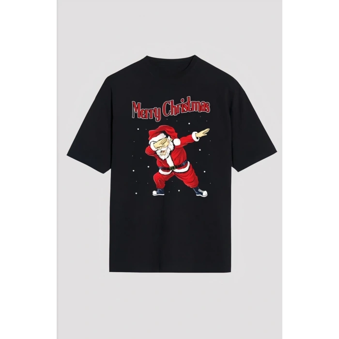 Yılbaşı Merry Christmas Noel Baba Baskılı Oversize Bisiklet Yaka T-shirt - Siyah