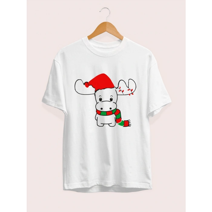 Yılbaşı Noel Ren Geyiği Baskılı Kısa Kollu Oversize Bisiklet Yaka T-shirt - Beyaz