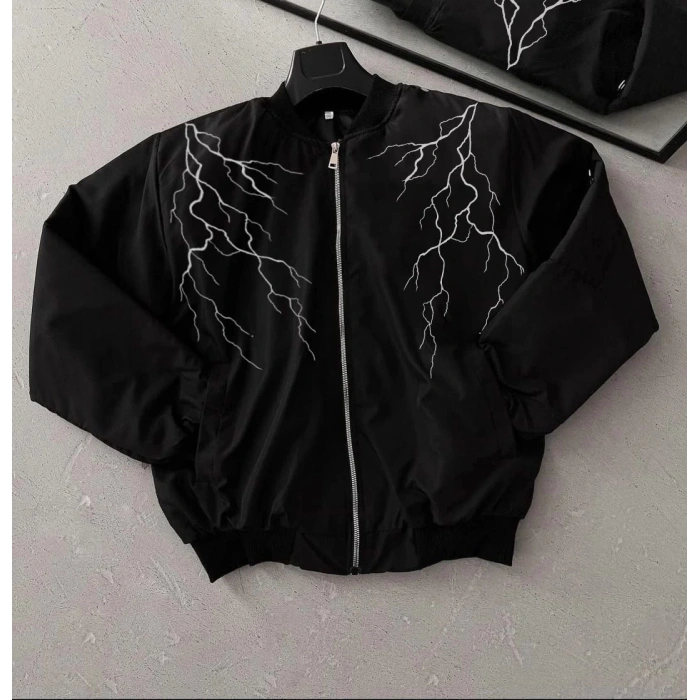 Unisex Siyah Bomber Mont – Beyaz Şimşek Desenli, Fermuarlı Cepli, Kapitone Astarlı Sokak Stili Günlük Ceket - Siyah