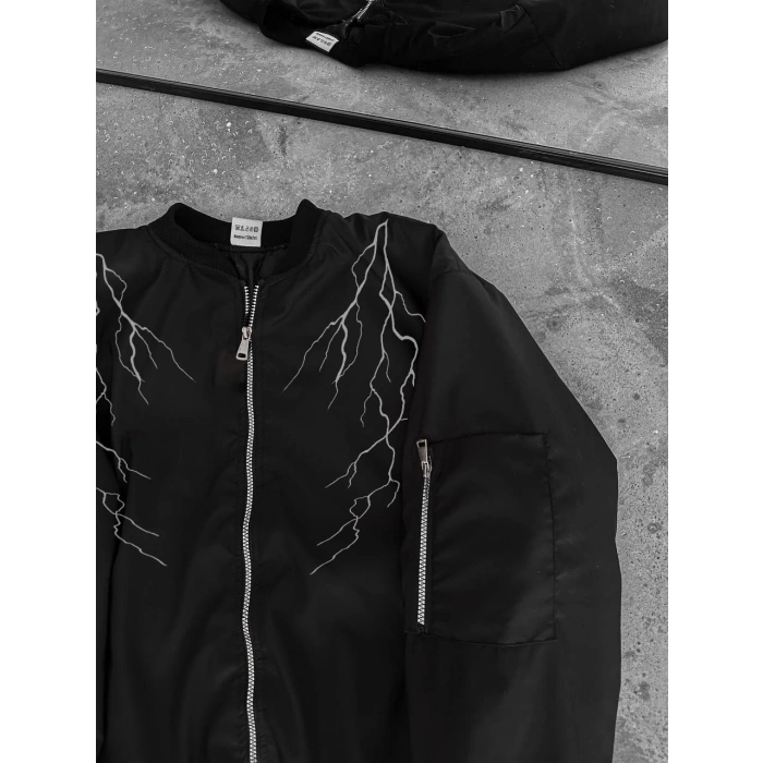 Unisex Siyah Bomber Mont – Beyaz Şimşek Desenli, Fermuarlı Cepli, Kapitone Astarlı Sokak Stili Günlük Ceket - Siyah