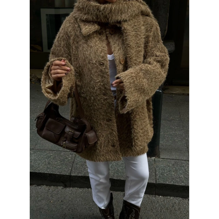 Yün Cıkartılabilen Atkılı ,Kaban İkili Takım- Kahve