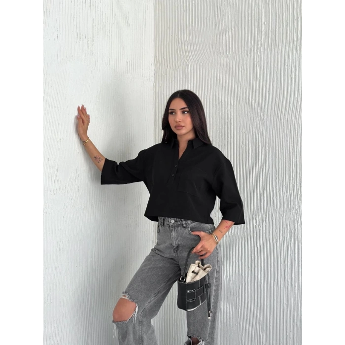 Z Krep Kadın Crop Yakalı Gömlek İlik Düğmeli Üç Çeyrek Sleeve Kol - Siyah