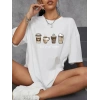20/1 Penye Compack Baskılı Oversize Kahve Desenli Kadın Kısa Kol T-shirt - Beyaz