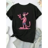20/1 Penye Compack Pembe Panter Baskılı Oversize Bisiklet Yaka Kısa Kol Yazlık T-shirt - Beyaz