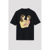 Anneler Günü Hediye Anne Kız Temalı Baskılı Oversize Bisiklet Yaka T-shirt - Siyah