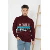Erkek Yarım Bağazlı Kazak Baskılı Dokuma Triko - Bordo