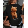 Büyük Boy Ayıcık Baskılı Bisiklet Yaka T-Shirt, İlkbahar & Yaz İçin Rahat Kısa Kollu T-Shirt, Kadın Giyim - Siyah