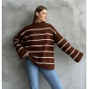 Çizgili ispanyol kol triko boğazlı kahve beyaz elf